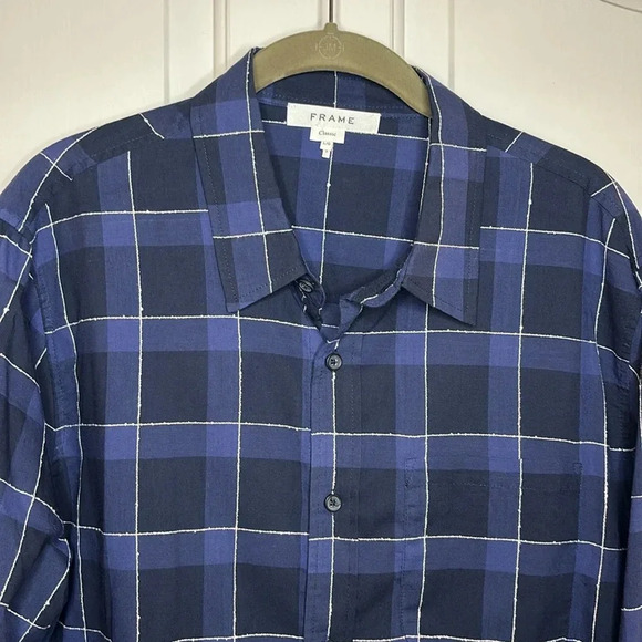 NWOT FRAME mens long sleeve button down shirt size large blue plaid - Picture 2 of 8